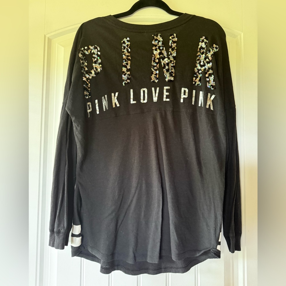 Victoria's Secret PINK Long Sleeve Spirit Jersey Black Sequin Leopard Print M